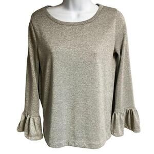 J.Crew Silver Metallic Gray Crewneck Ruffled Sleeves Pullover Knit Sz XS Festive